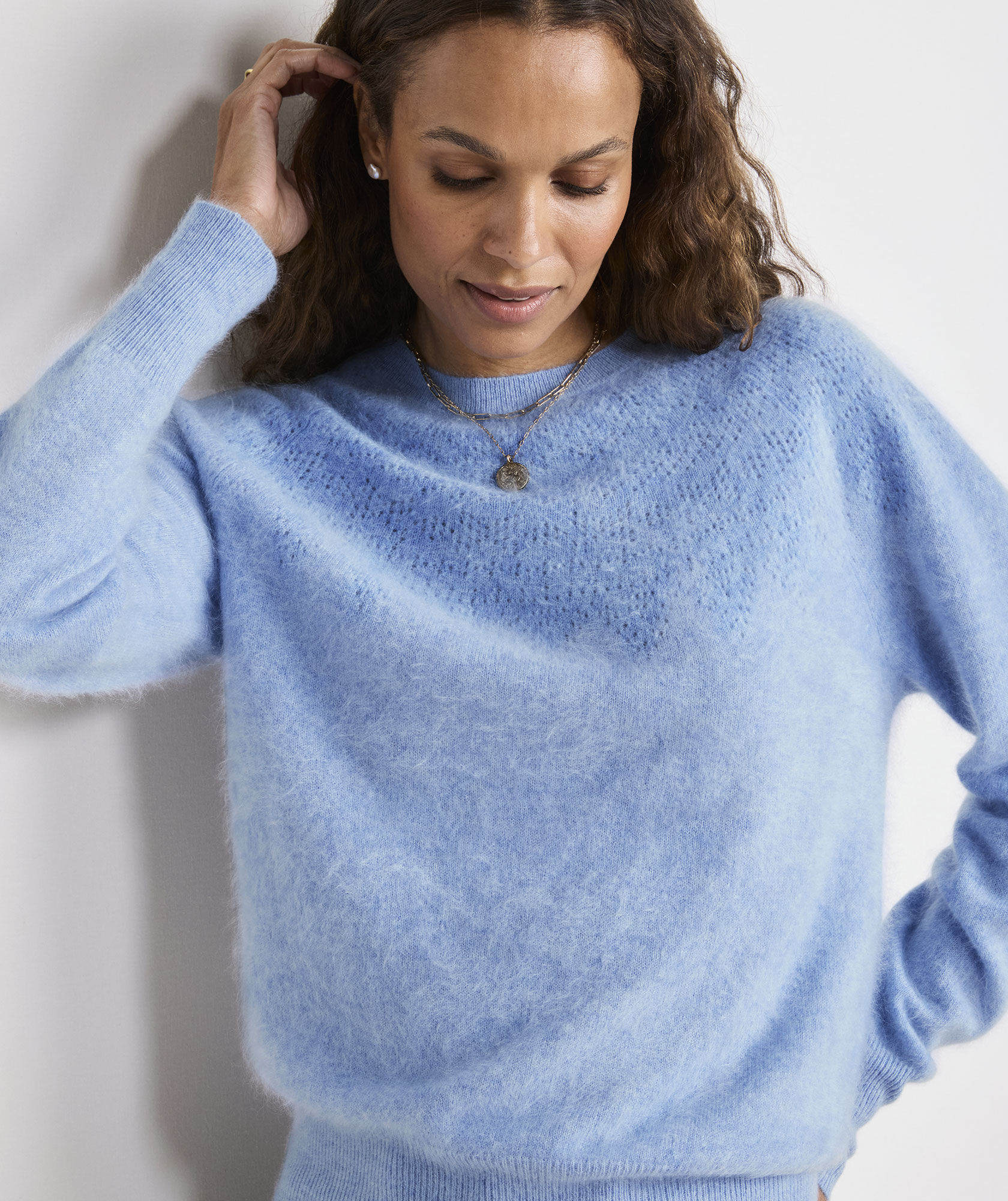 Brushed Cashmere Pointelle Crewneck Sweater