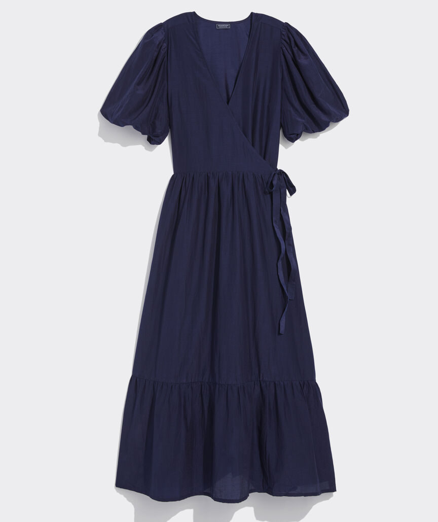 Puff-Sleeve Midi Wrap Dress