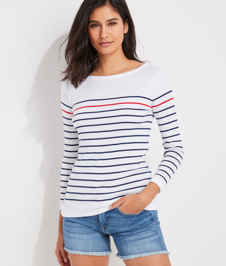 Placed Striped Simple Boatneck Tee