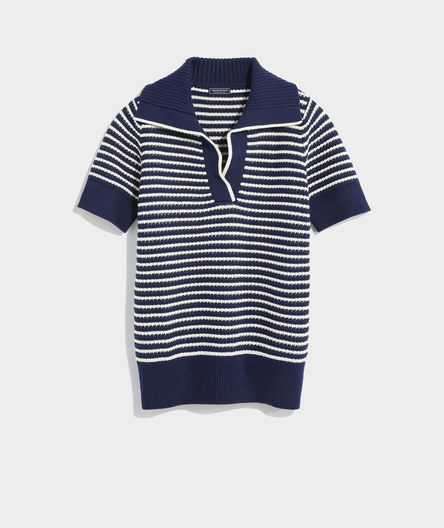 Open-Stitch Short-Sleeve Polo Sweater