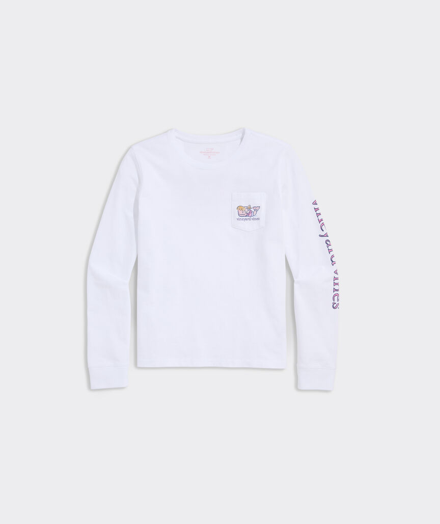 Girls' Watercolor Waffle Hut Whale Long-Sleeve Pocket Tee