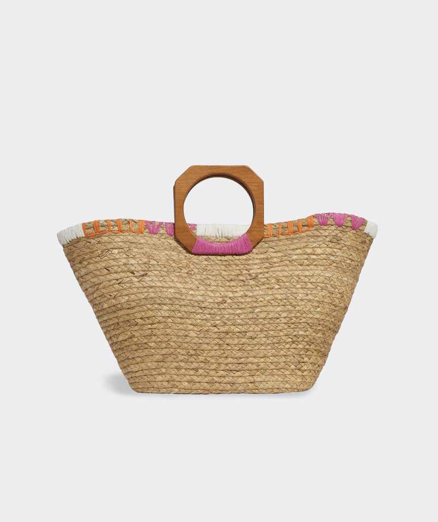 Geo Embroidered Straw Tote
