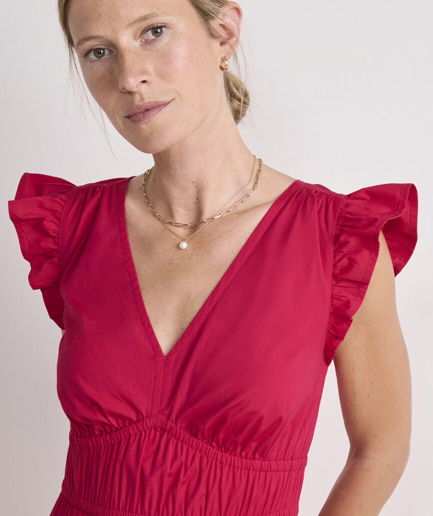 Marina Poplin Flutter-Sleeve Midi Dress