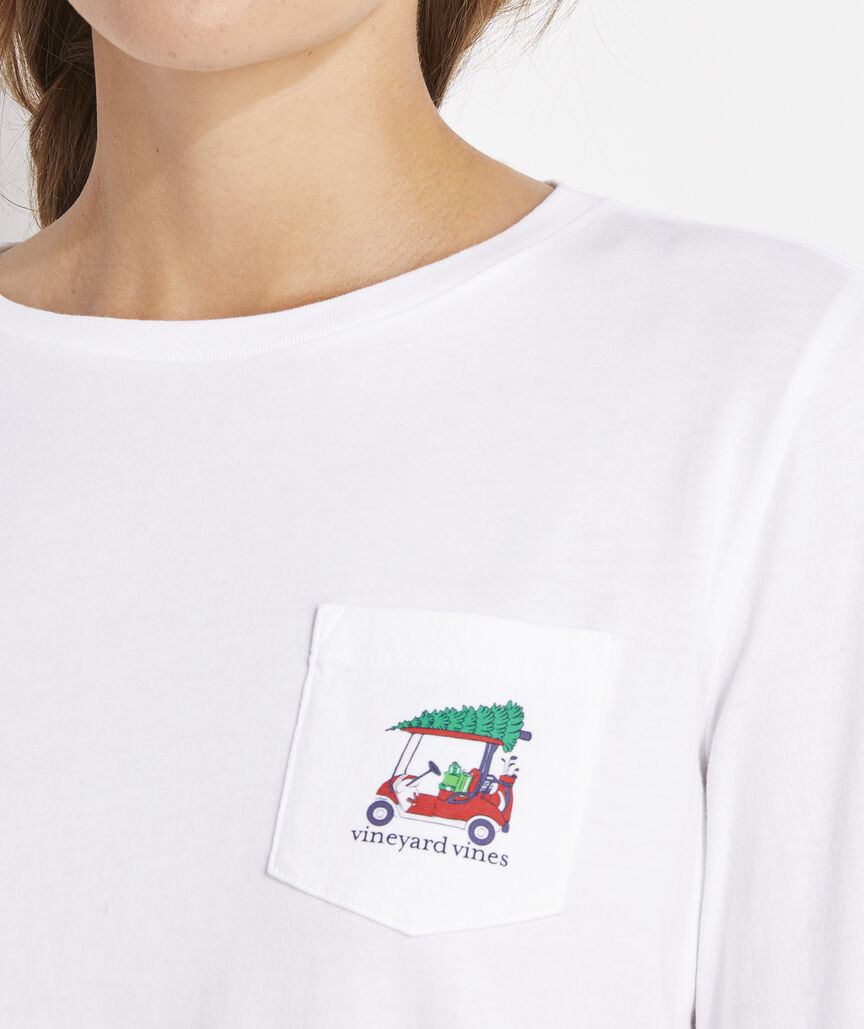 Women's Christmas Golf Cart Long-Sleeve Pocket Tee