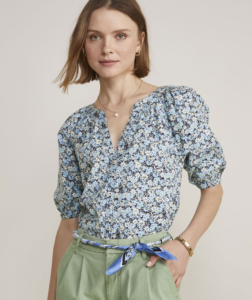 Poplin Button-Front Raglan Top