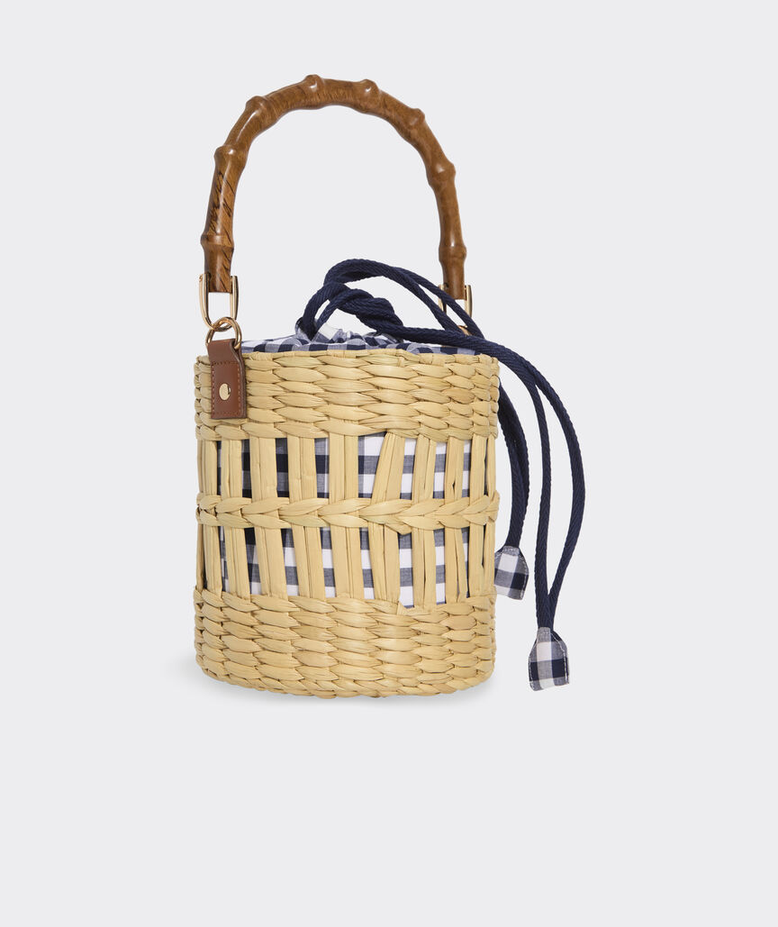 Bamboo Handle Woven Reed Bucket Bag
