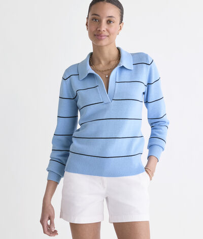 Vineyard Vines Katie Cotton Polo Sweater (Serenity Blue Stripe) (Size: XXS)