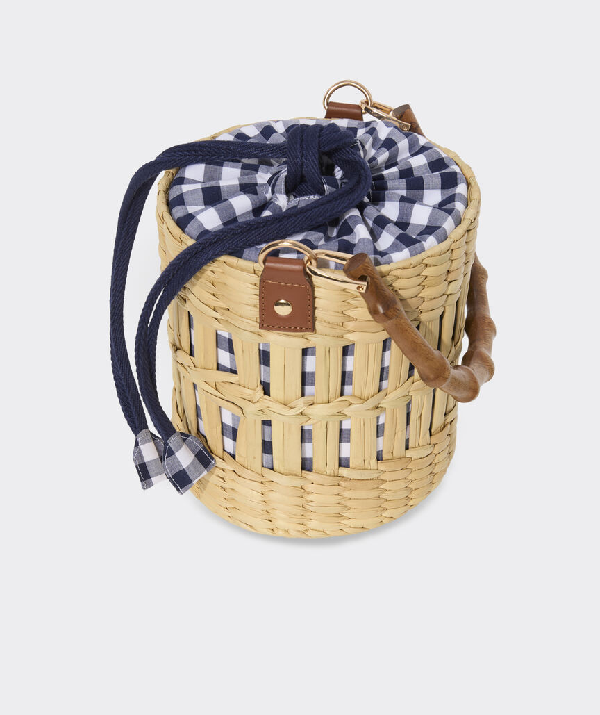 Bamboo Handle Woven Reed Bucket Bag