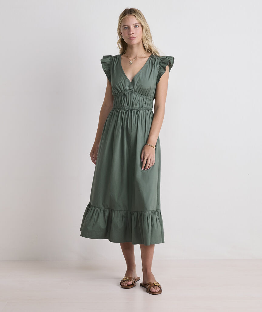 Marina Poplin Flutter-Sleeve Midi Dress