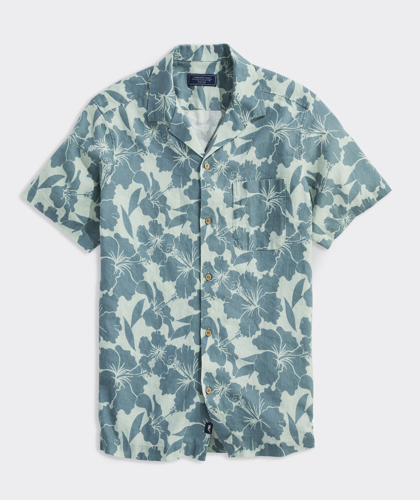 Hibiscus Floral Linen Blend Short-Sleeve Cabana Shirt