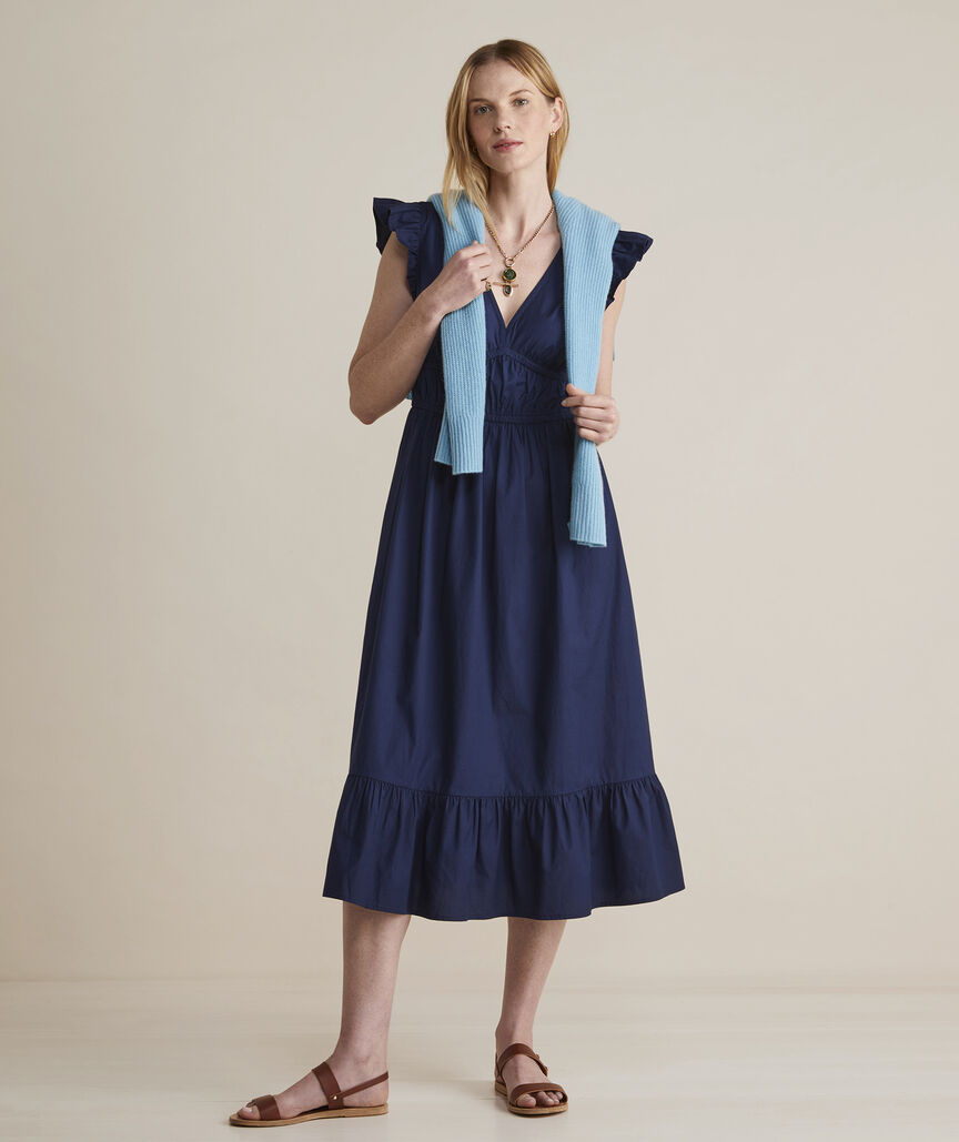 Poplin Flutter-Sleeve Midi Dress