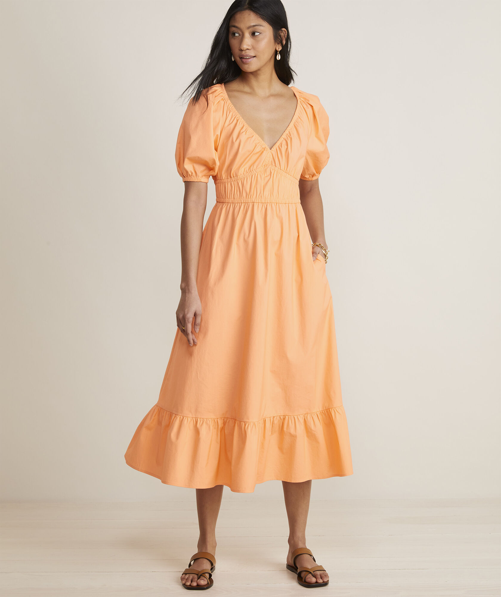 Marina Poplin Puff-Sleeve Midi Dress
