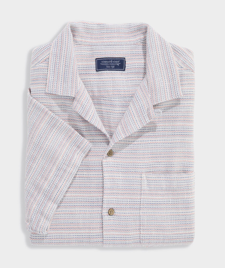 Coral Stripe Textured Cotton Short-Sleeve Cabana Shirt
