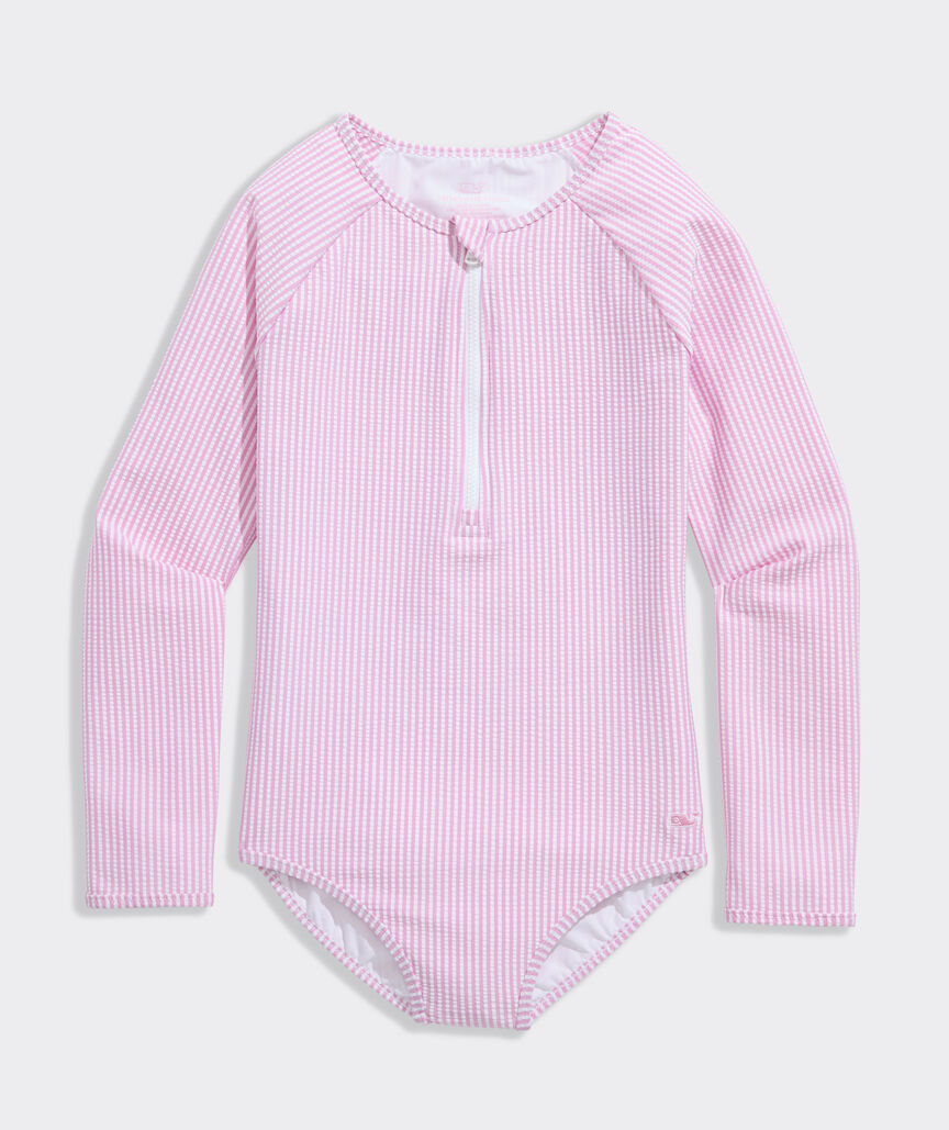 Girls' Seersucker Long Sleeve Zipper One-Piece