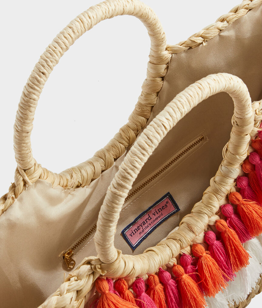 Tassel Trim Straw Tote Bag