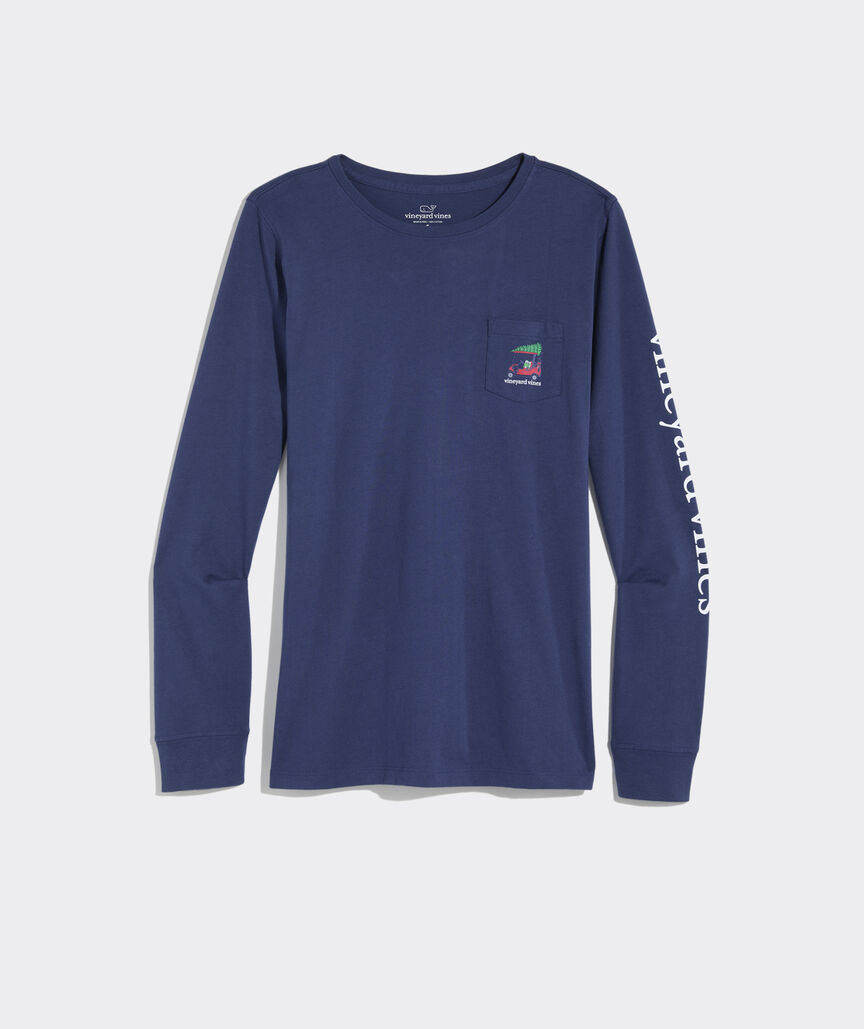 Women's Christmas Golf Cart Long-Sleeve Pocket Tee