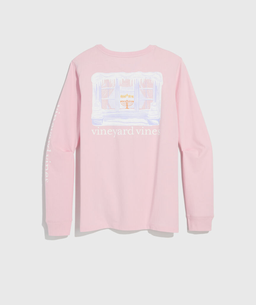 Women's Snowy Hanukkah Window Long-Sleeve Pocket Tee
