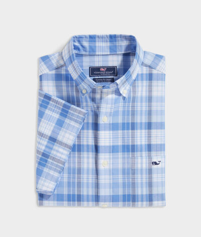 Vineyard Vines Stretch Cotton Short-Sleeve Plaid Shirt (Tide Blue) (Size: Small)