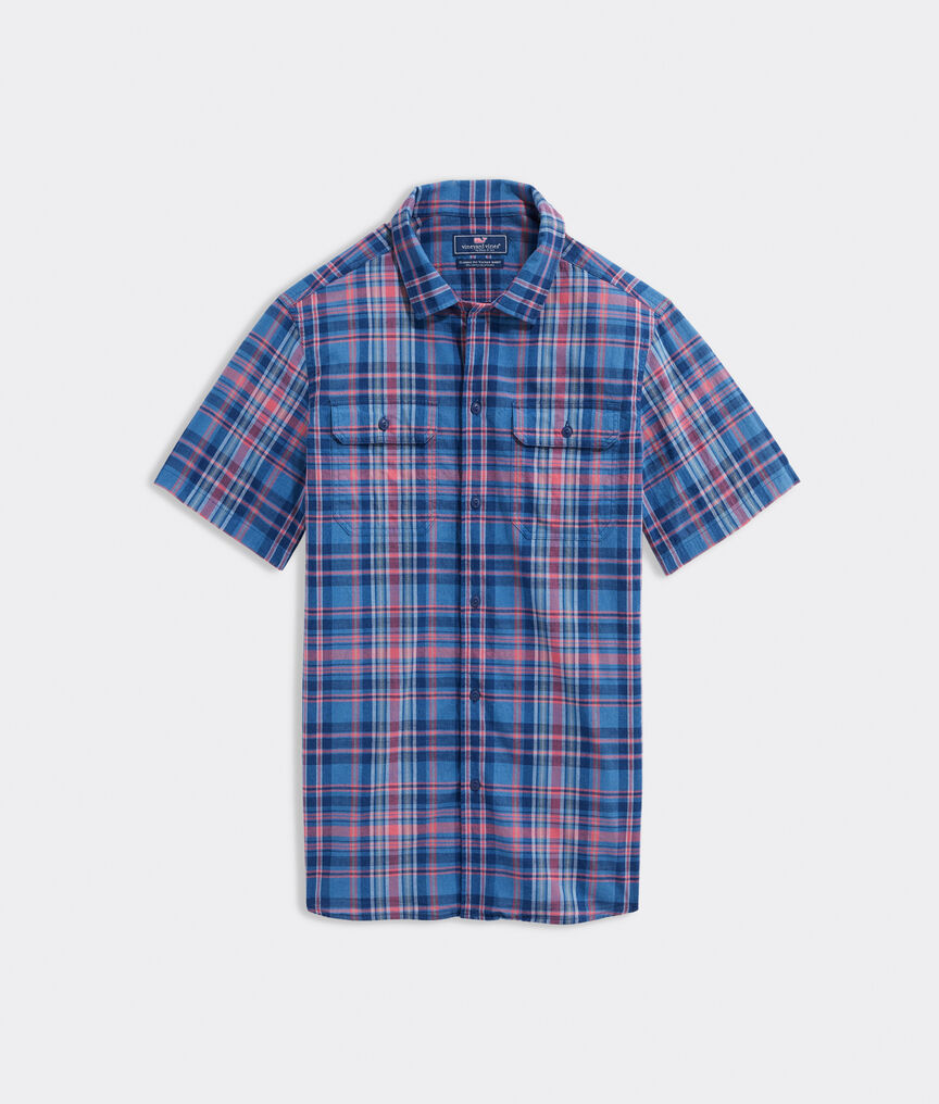 Indigo Plaid Stretch Cotton Short-Sleeve Dockman Shirt