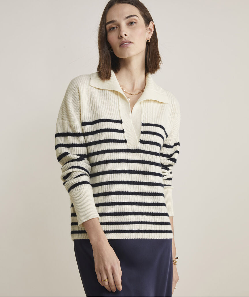 Ribbed Cashmere Stripe Polo Sweater