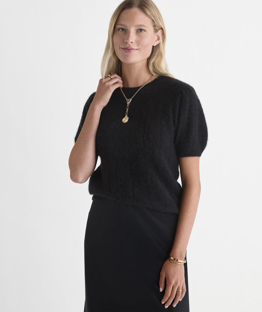 Brushed Cashmere Cable Short-Sleeve Sweater