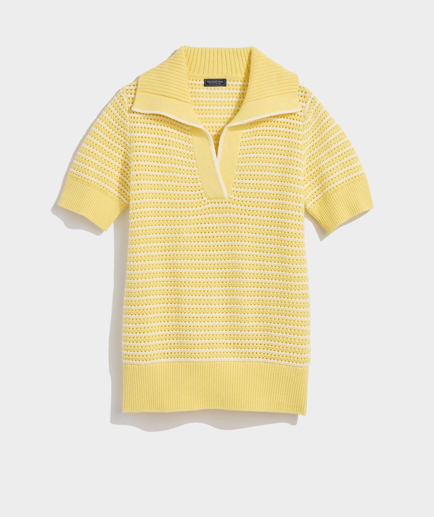 Open-Stitch Short-Sleeve Polo Sweater
