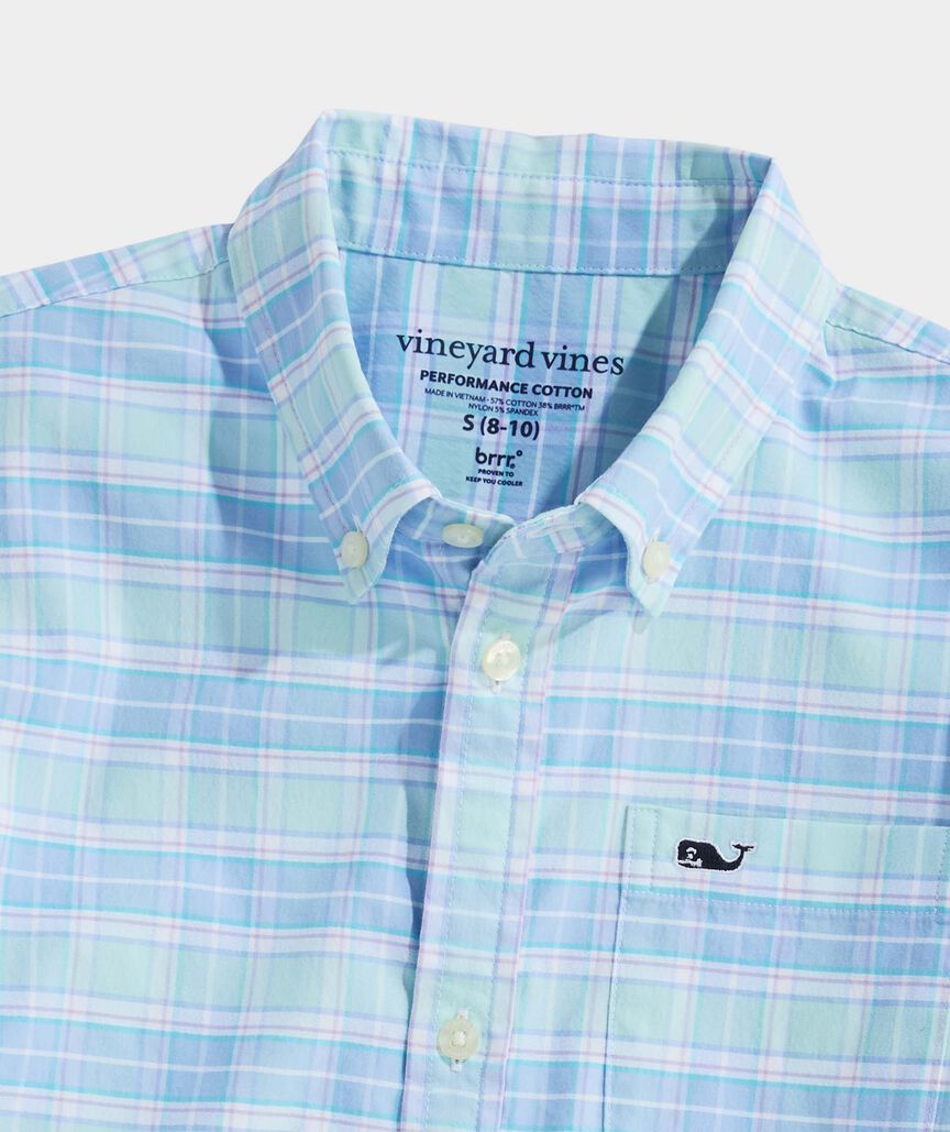 Boys' Plumeria Plaid Performance Cotton Short-Sleeve Shirt