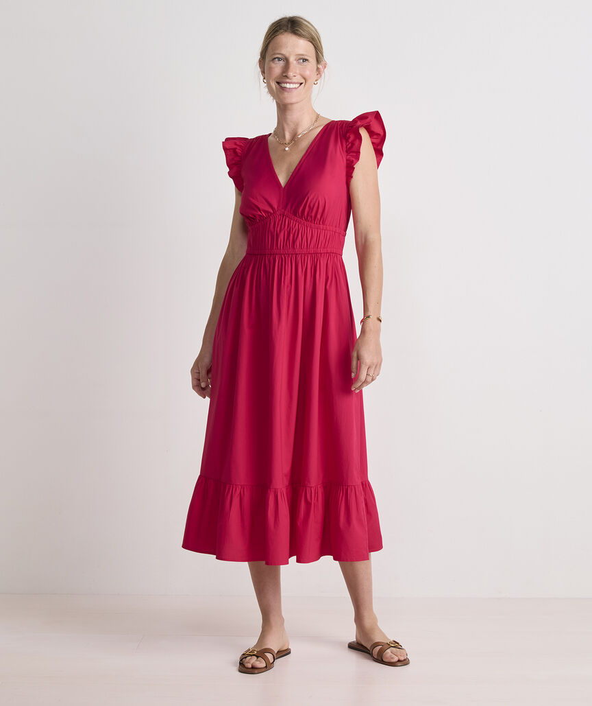 Marina Poplin Flutter-Sleeve Midi Dress
