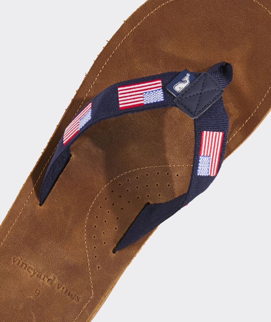 Embroidered American Flag Leather Flip Flops