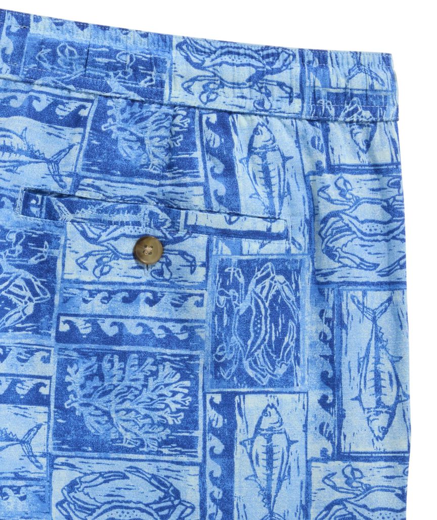 OUTLET 7 Inch Woodblock Sea Life Cotton Linen Pull-On Shorts