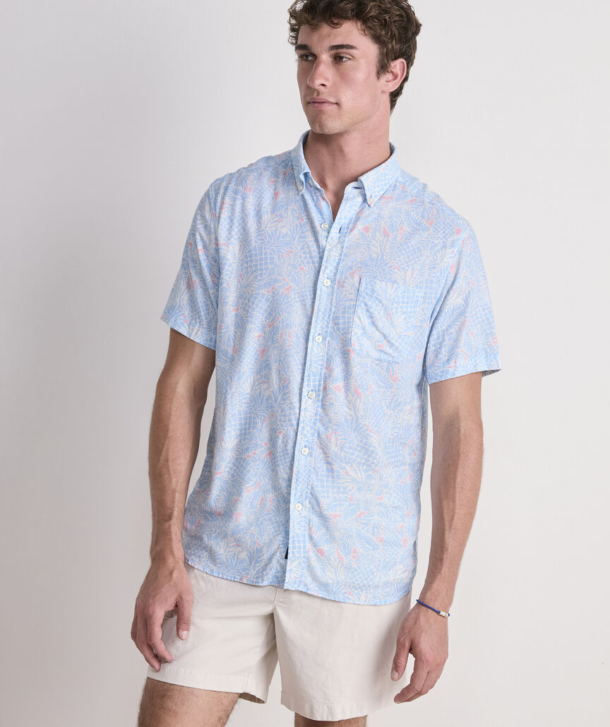 Tropical Pineapples Linen Blend Short-Sleeve Shirt