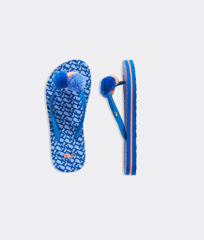 Vineyard Vines Girl's Girls' Whale Pom Flip Flops (Tide Blue) (Size: 4)