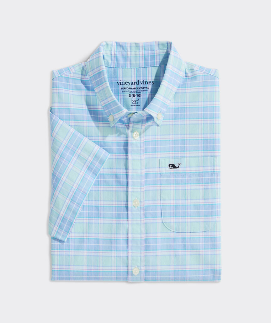 Boys' Plumeria Plaid Performance Cotton Short-Sleeve Shirt