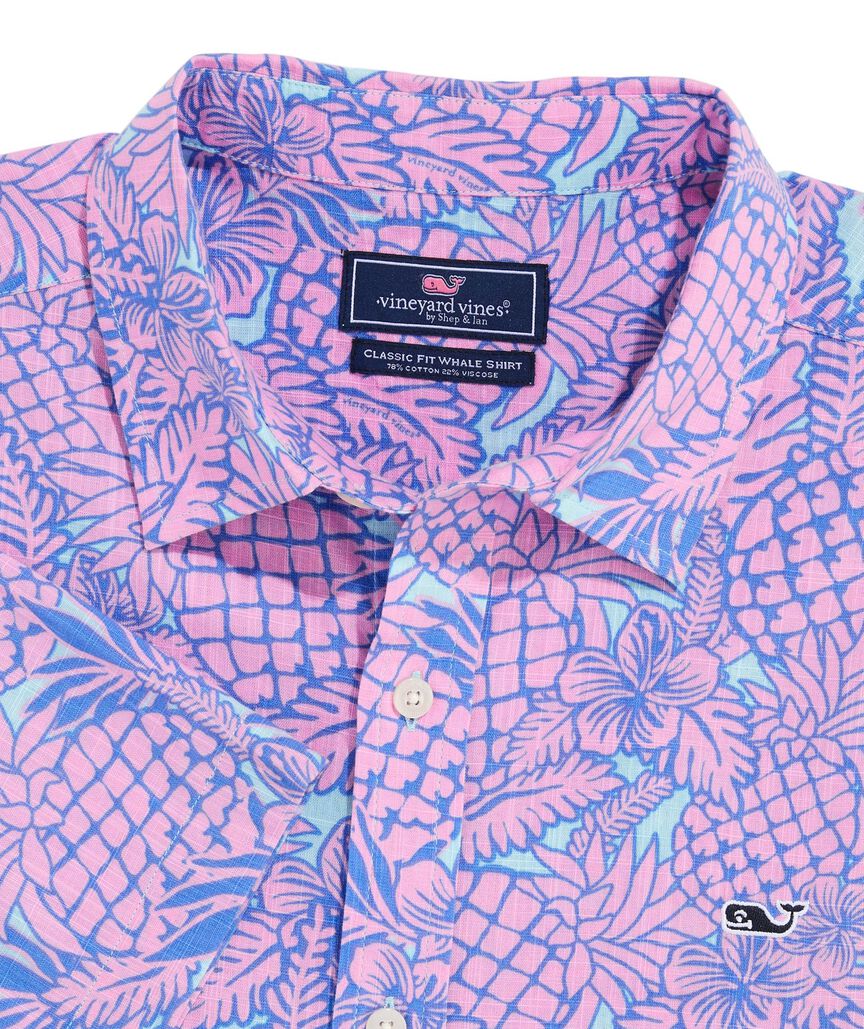 OUTLET Slub Cotton Short-Sleeve Pineapple & Flower Shirt