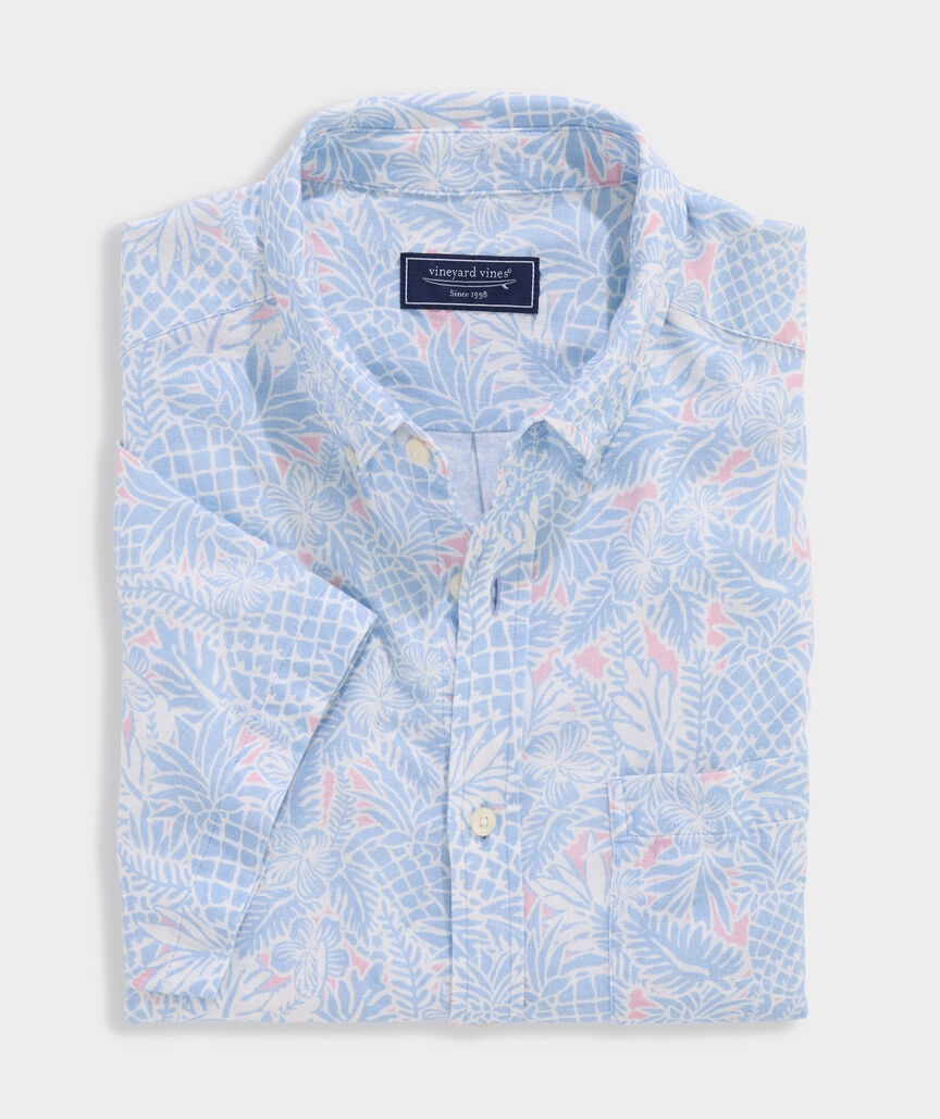 Tropical Pineapples Linen Blend Short-Sleeve Shirt