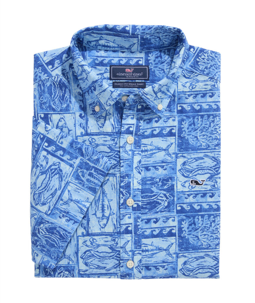 OUTLET Cotton Linen Short-Sleeve Woodblock Sea Life Shirt