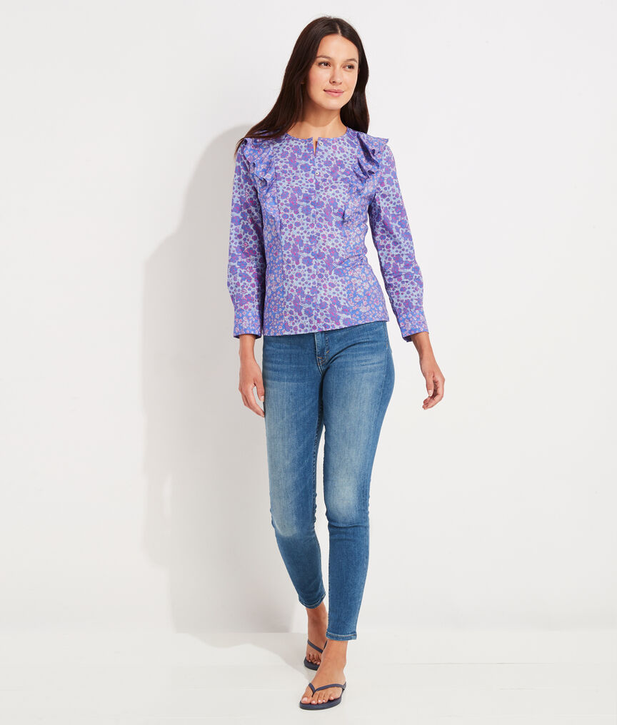 Floral Print Ruffle Button-Front Top