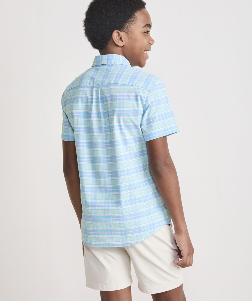 Boys' Plumeria Plaid Performance Cotton Short-Sleeve Shirt