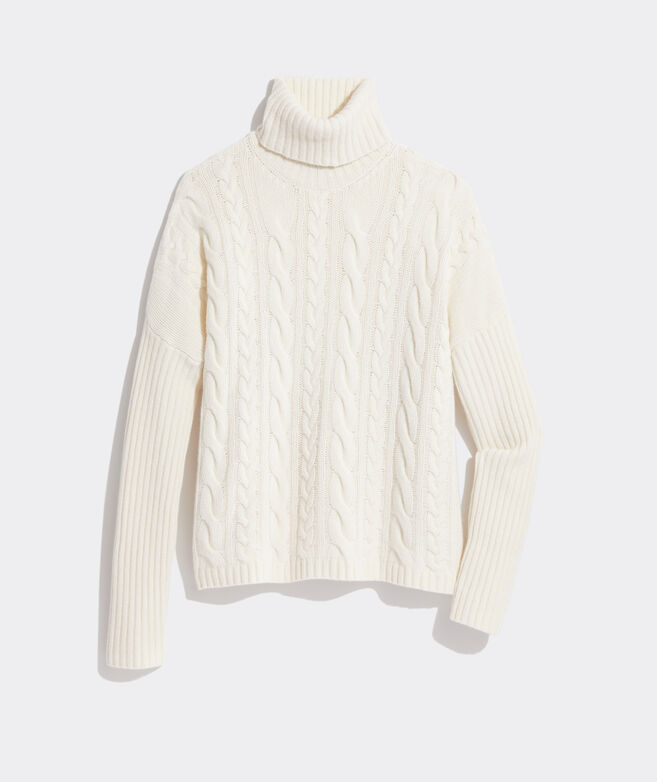 Drop-Shoulder Cable Turtleneck Sweater