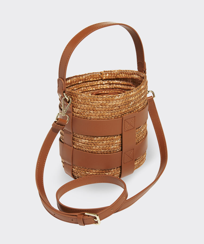 Leather Caged Straw Bucket Bag