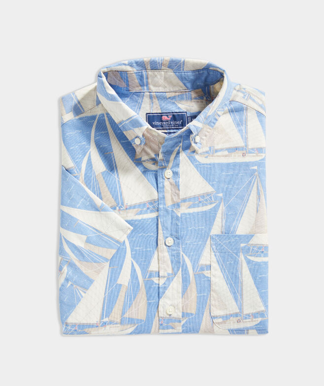 Stretch Cotton Short-Sleeve Sailboats Print Shirt