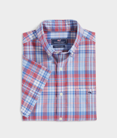 Vineyard Vines Stretch Cotton Short-Sleeve Plaid Shirt (Red) (Size: Large)