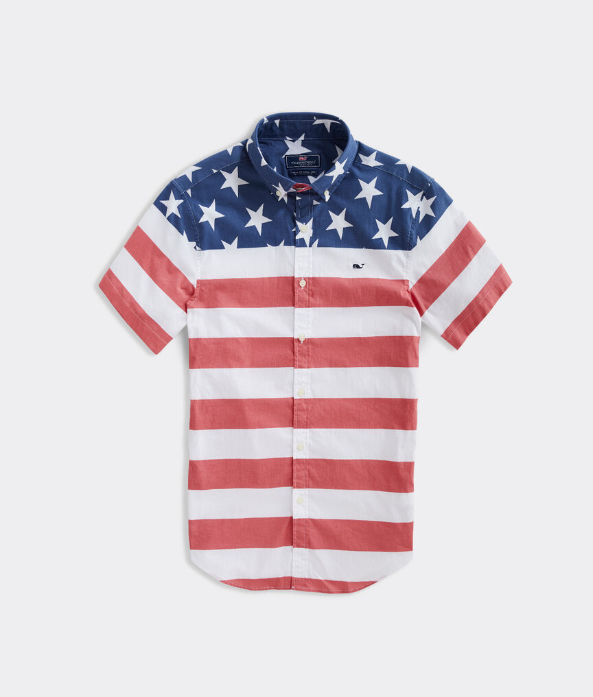 Classic Fit Short-Sleeve Stars and Stripes Whale Button-Down Shirt