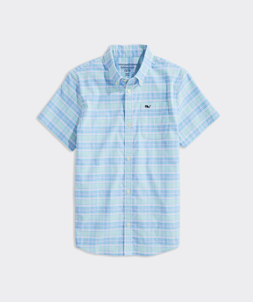 Boys' Plumeria Plaid Performance Cotton Short-Sleeve Shirt