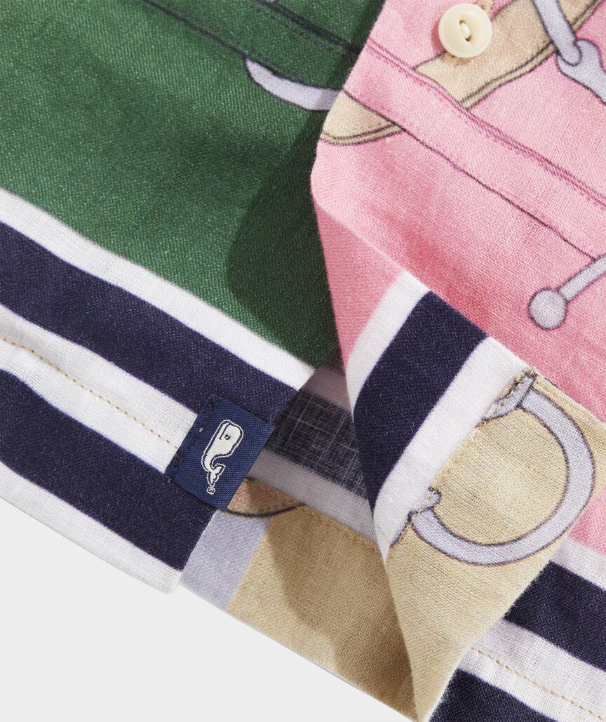 Kentucky Derby Linen Short-Sleeve Scarf Print Shirt