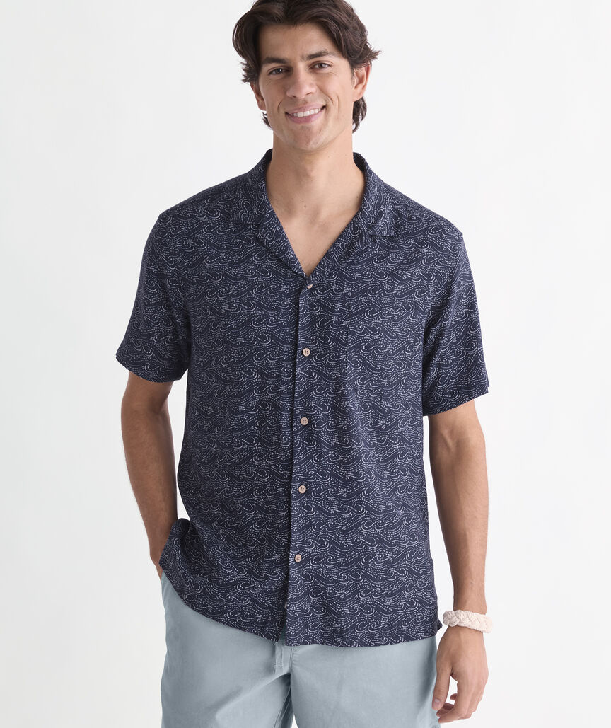 Indigo Waves Linen Blend Cabana Shirt
