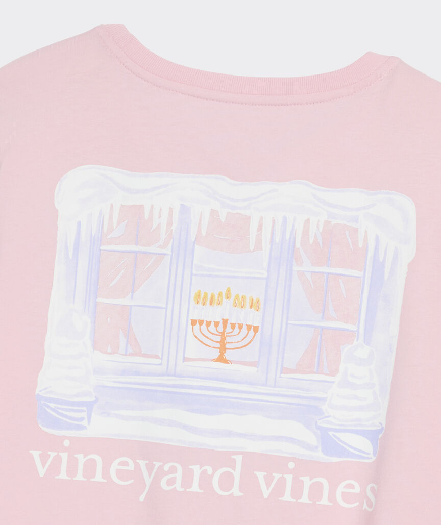 Women's Snowy Hanukkah Window Long-Sleeve Pocket Tee