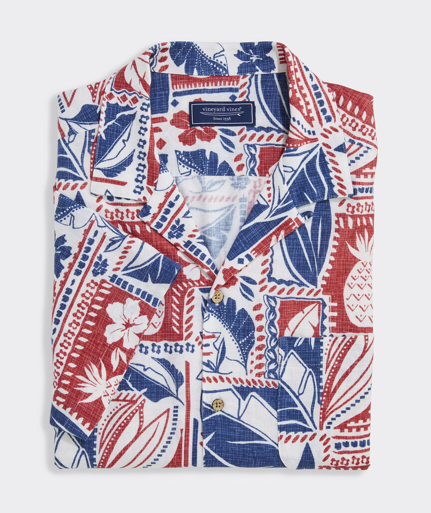 Waikiki Woodblock Linen Blend Short-Sleeve Cabana Shirt