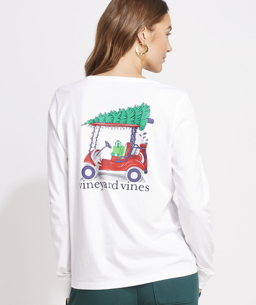 Women's Christmas Golf Cart Long-Sleeve Pocket Tee