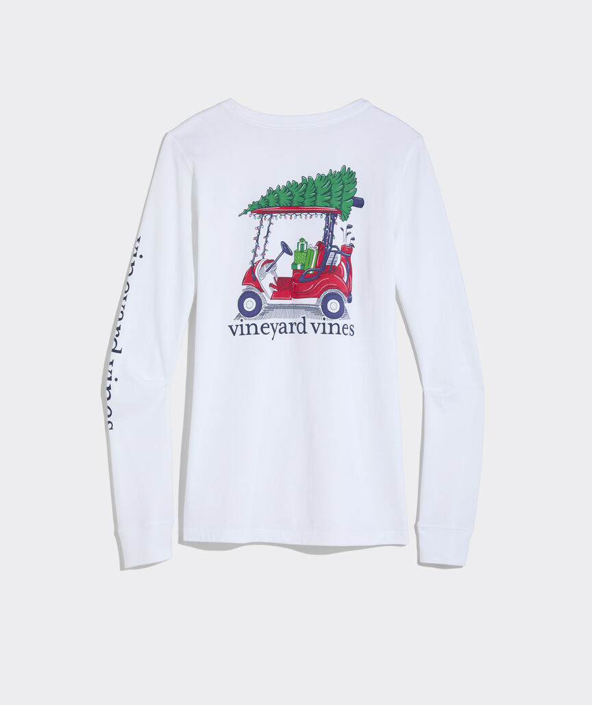 Women's Christmas Golf Cart Long-Sleeve Pocket Tee